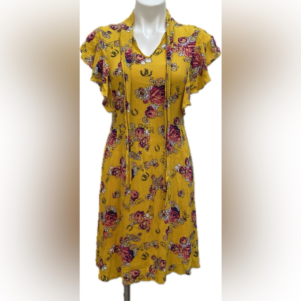 MODCLOTH MUSTARD COWGIRL WESTERN FLUTTER SLEEVE VNECK SHORT ROMANTIC DRESS